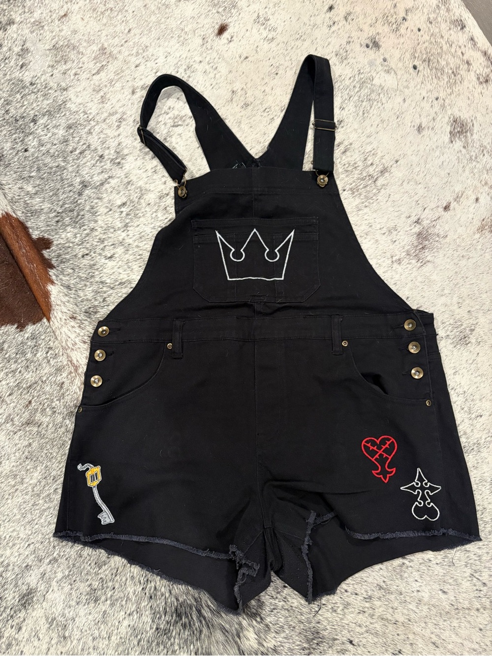 Disney Black Short Overalls with Embroidered Crown & Keys